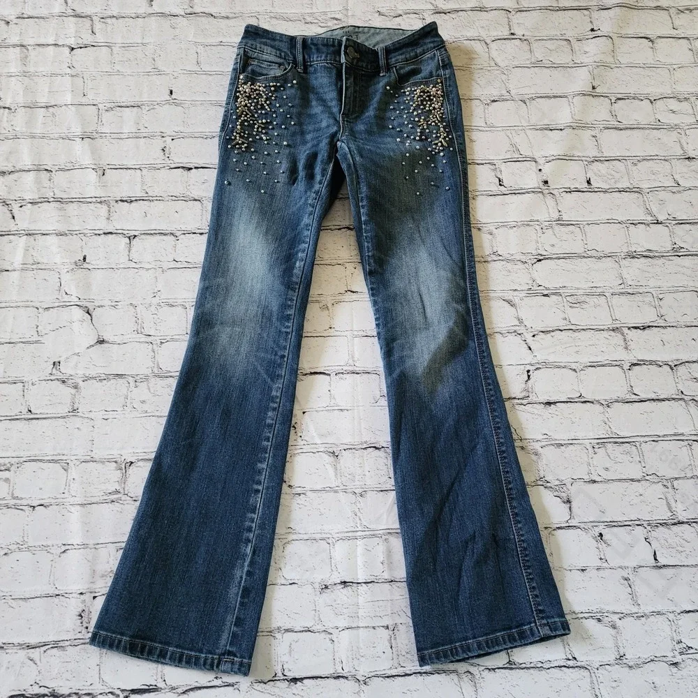 LOFT The Boot Jeans 00P Blue Medium Wash Pearl Rhinestone Embellished Bootcut